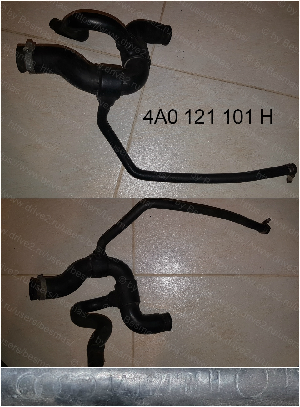 Модифицированный верхний шланг-тройник радиатора охлаждения 4A0 121 101 H, соединяет вторую транзитную трубу от ГБЦ и радиатор охлаждения, с дополнительным отводом для обратной магистрали котла автономного отопителя — Audi A6 (C4). Запчасти на фото: 4A0121101H