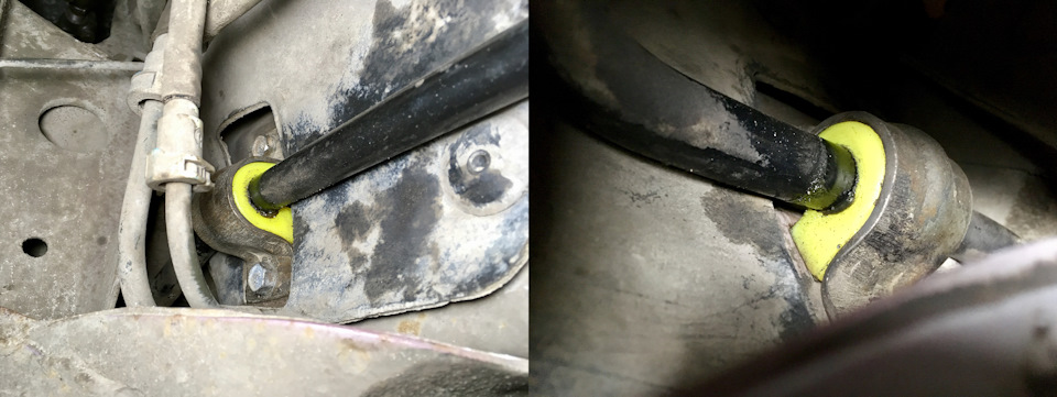 Полиуретановые втулки пришлось разрезать аналогично оригинальным и смазать, иначе их просто не надеть на штангу. СОВЕТ: меняйте втулки по очереди, чтобы сохранить положение штанги! И не вытаскивайте штангу без надобности (я зае…ся её обратно засовывать). Момент затяжки болтов 40 Н/м. в положении авто на колёсах! — Daewoo Nexia (N150)