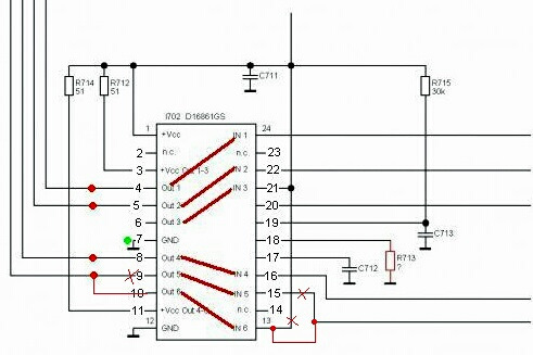 Красными линиями прорисованы каналы (вход-выход). PS Схема не моя и по этому на картинке схематично изображен ремонт 3-го ЦИЛИНДРА. У меня троил 2-й, поэтому я перепаивал вводную ножку с 16 ->13 и 8->10 соответственно. — Nissan Wingroad (Y11)